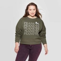 Women's Peanuts Snoopy Plus Size Long Sleeve Graphic Sweatshirt (Juniors') - Olive