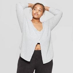 Women's Plus Size Long Sleeve Waffle Button-Up Lounge Sweatshirt - Colsie™ Heather Gray