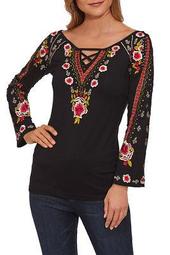 Embroidered Detail Keyhole Top