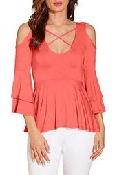 Cold Shoulder X Neck Ruffle Sleeve Top