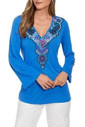 Embroidered V-Neck Long-Sleeve Top