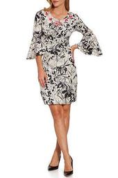 Printed Flare Sleeve Embroidered Dress