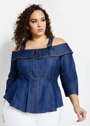 Chambray Buckle Cold-Shoulder Top
