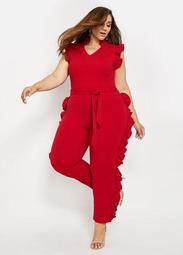 Tall Belted Ruffle-Trimmed Jumpsuit