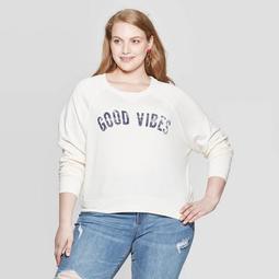 Women's Good Vibes Plus Size Long Sleeve Graphic Sweatshirt - Grayson Threads (Juniors') - Light Beige