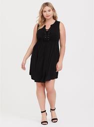 Black Stretch Challis Lace-Up Shirt Dress
