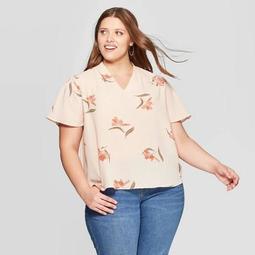 Women's Plus Size Floral Print Flutter Short Sleeve V-Neck Top - Ava & Viv™ Beige