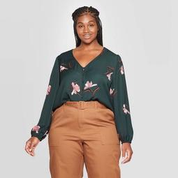 Women's Plus Size Floral Print Relaxed Fit Long Sleeve V-Neck Covered Button Blouse - Ava & Viv™ Dark Green