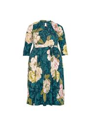 **DP Curve Green Floral Print Pleat Neck Dress