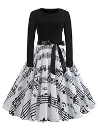 Musical Note Print Long Sleeve Plus Size Vintage Dress