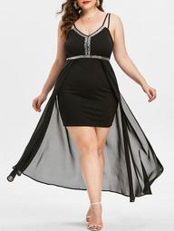 Plus Size V Neck Sequined Overlay Cami Prom Dress