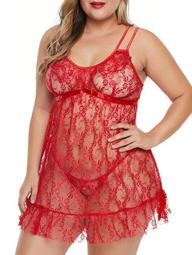 Ruffles Strappy See Thru Lace Plus Size Babydoll With T-back