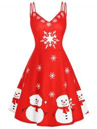 Snowman Snowflake Print Strappy Christmas Plus Size Dress