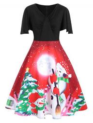 Butterfly Sleeve Christmas Tree Snowman Plus Size Dress