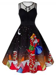 Plus Size Vintage Christmas Printed Party Dress