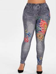 Plus Size Butterfly Flower Print Stretchy Jeggings