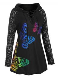 Lace Up Butterfly Raglan Sleeve Lace Panel Plus Size Hoodie