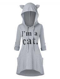 Plus Size Roll Up Sleeve Cat Ear High Low Graphic Hoodie