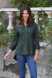 Embroidered Peplum Button-Up