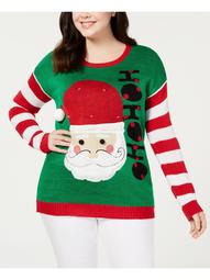 PLANET GOLD Womens Green Light Up Santa Long Sleeve Crew Neck Sweater Plus  Size: 1X