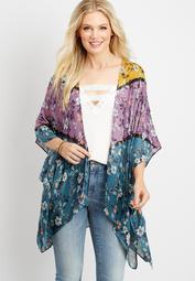 open front colorblock floral ruana