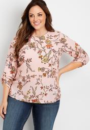 plus size floral button sleeve blouse