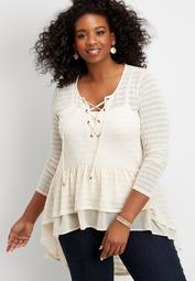 plus size pointelle high low lace up duster top