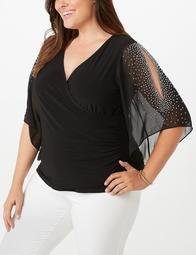 Plus Size Embellished-Sleeve Wrapped Top