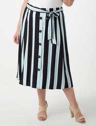 Plus Size Striped Button Tied-Front Midi Skirt