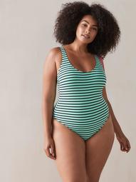 Striped One-Piece Swimsuit with Lace Up Detail - Addition Elle
