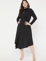 Keyhole Mock Neck Dress with Button Detail
