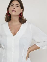 Pleated Sleeve Button Front Top