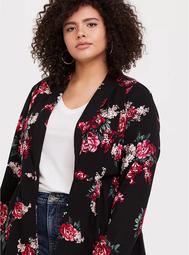 Black Floral Twill Fit & Flare Trench Coat