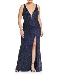 Plus Size Deep V-Neck Beaded Lattice Gown with Thigh-Slit
