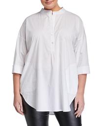 Plus Size 3/4-Sleeve Half-Button Oversized Stretch-Cotton Shirt