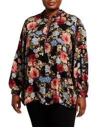 Plus Size Tie-Front Shirt With Sprinkled Floral Print