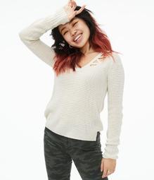 Laced-Up Shoulder V-Neck Sweater