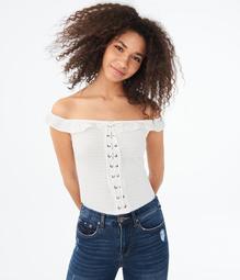 Solid Lace-Up Off-The-Shoulder Crop Top