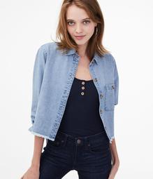 Long Sleeve Chambray Cropped Button-Down Shirt