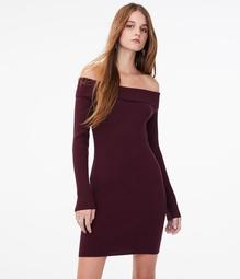 Long Sleeve Ribbed Off-The-Shoulder Sweater Dress***