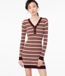 Long Sleeve Striped Henley Sweater Dress