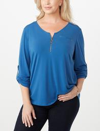 Plus Size Solid O-Ring Zip-Up Top