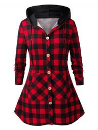 Plus Size Hooded Front Pockets Plaid Shirt