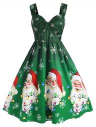 Plus Size Christmas Santa Claus Snowflake A Line Retro Dress