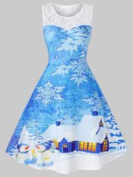 Plus Size Vintage Snowflake House Print Christmas Dress
