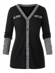 Plus Size Button Embellished Contrast Ribbed Cardigan