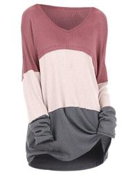 Plus Size Contrast Color V Neck Sweater