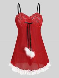 Christmas T Back Lace Panel Fuzzy Pompoms Sheer Mesh Plus Size Babydoll