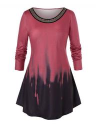 Plus Size Chains Embellished Tie Dye Long Sleeve Tee