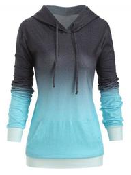 Plus Size Front Pocket Ombre Drawstring Hoodie